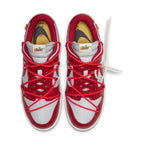 Nike Dunk Low Off-White University Red top view showcasing red laces and classic design.