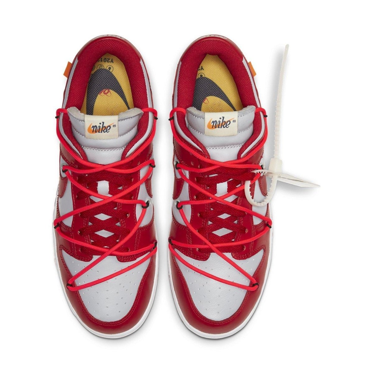 Nike Dunk Low Off-White University Red top view showcasing red laces and classic design.