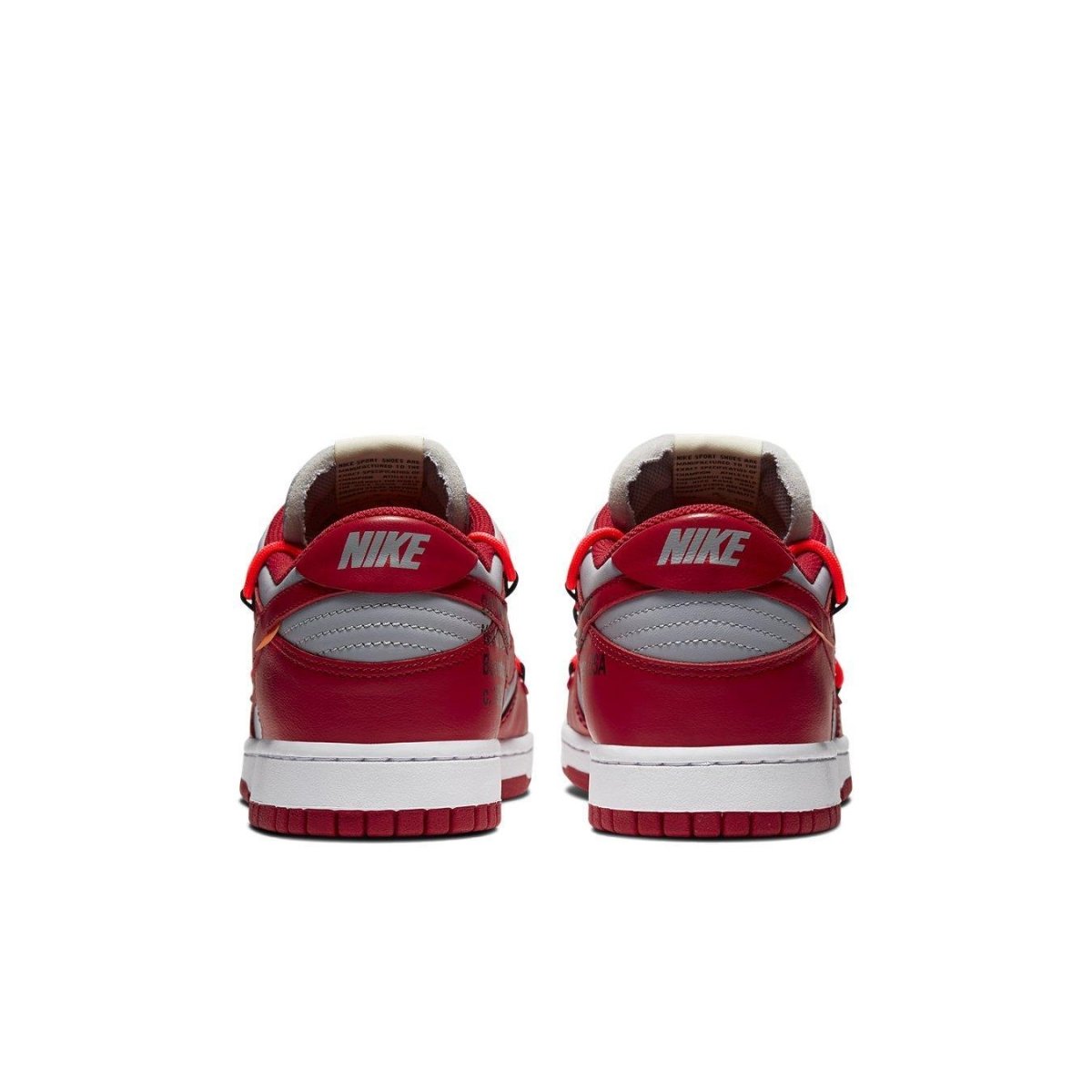 Rear view of Nike Dunk Low Off-White University Red sneakers showcasing red leather and waffle linings.