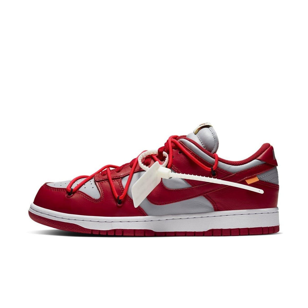 Nike Dunk Low Off-White University Red side view featuring vibrant red and grey design with distinctive lacing details.