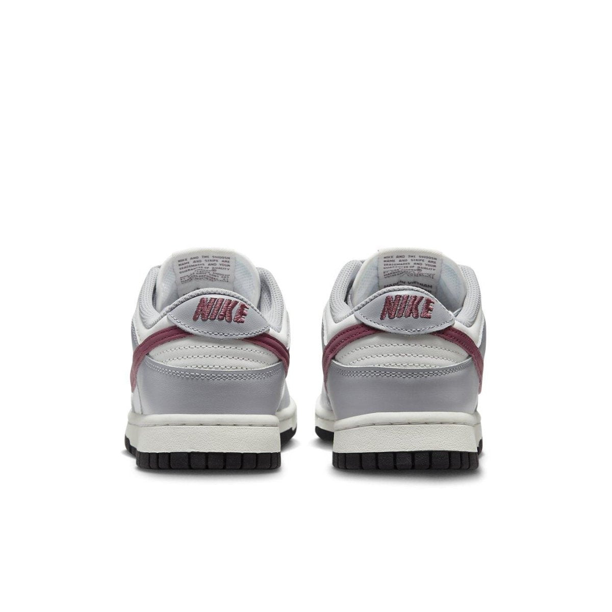 Nike Dunk Low Pale Ivory Redwood (W) rear view with gray leather and burgundy accents.