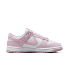 Nike Dunk Low Pink Corduroy Women’s sneakers featuring pastel pink corduroy and white leather, side view.