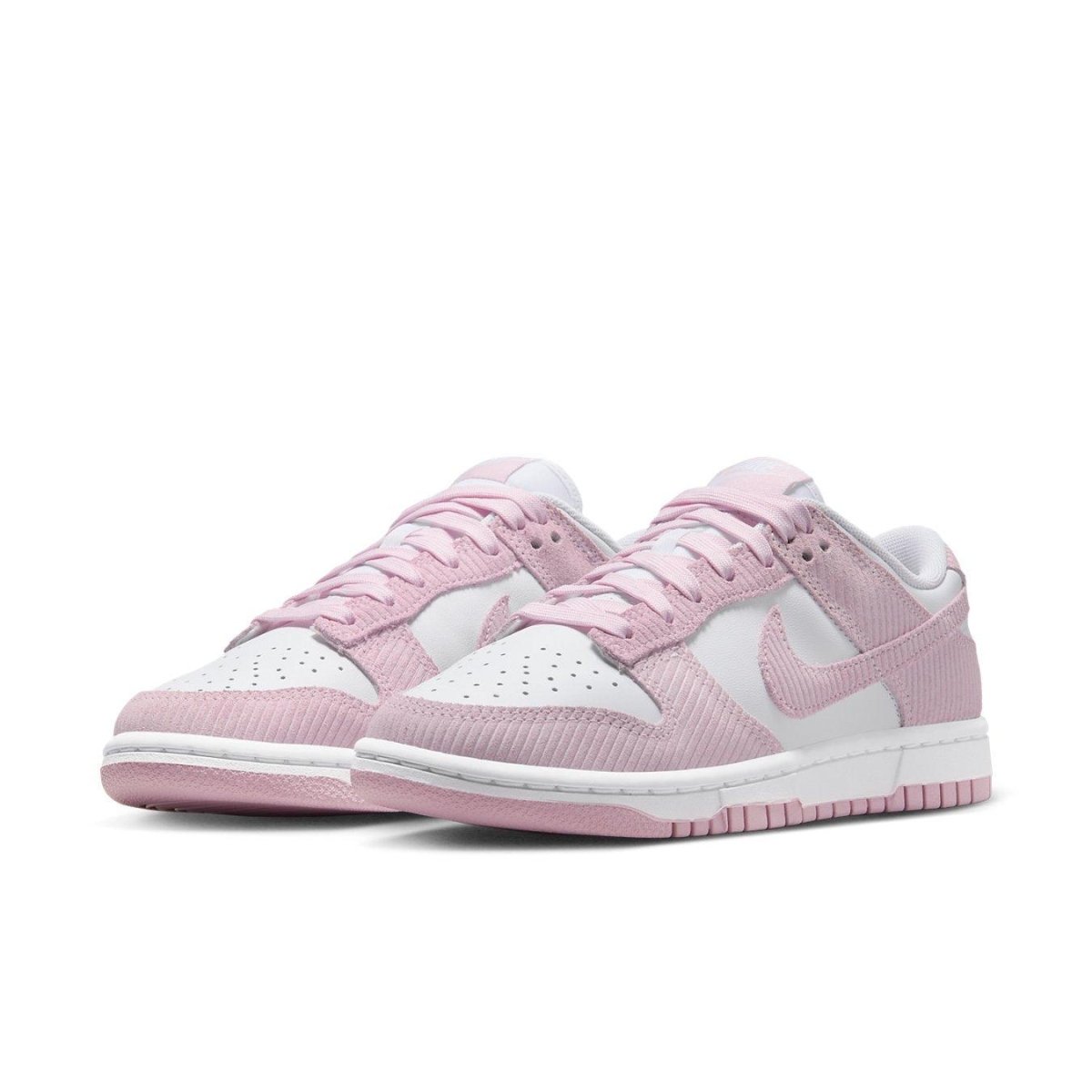 Nike Dunk Low Pink Corduroy Women's sneakers in pink and white, featuring soft corduroy and stylish design.