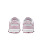 Nike Dunk Low Pink Corduroy Women's sneaker rear view with pastel pink accents and white leather base.