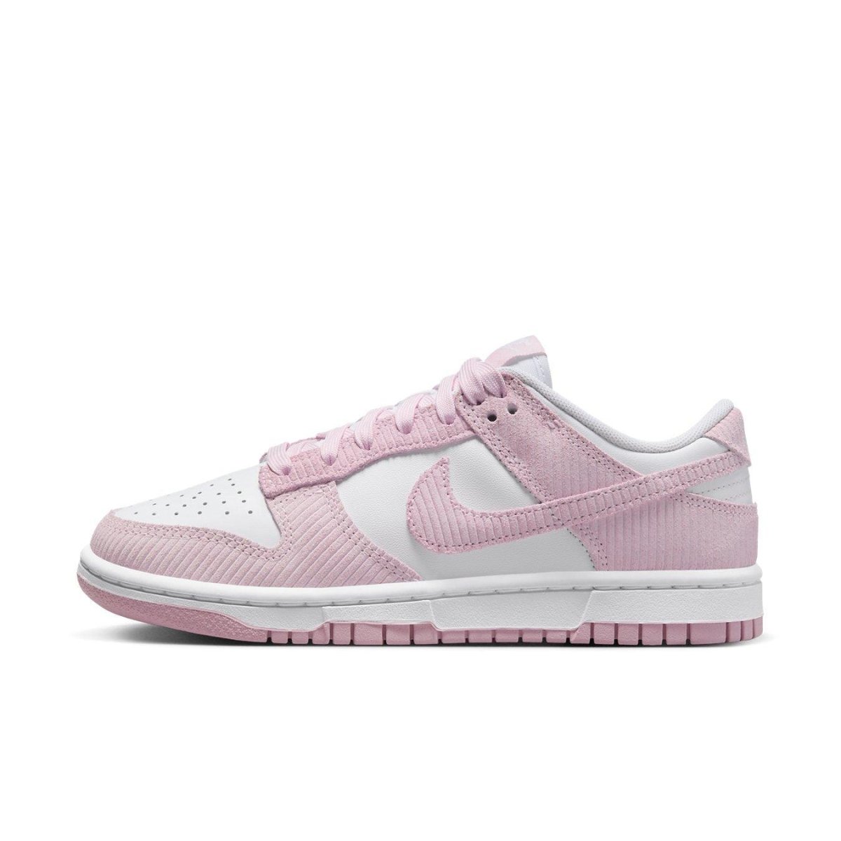 Nike Dunk Low Pink Corduroy Women's sneakers featuring pastel corduroy accents and smooth leather base.