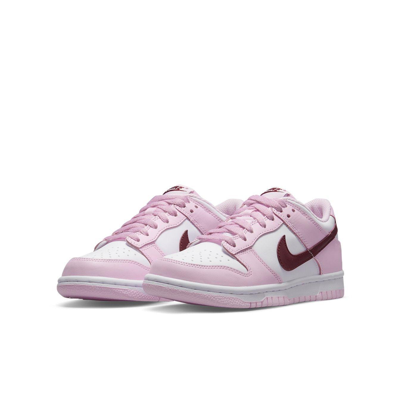 Nike Dunk Low Pink Foam Red White (GS) featuring white leather base with pink overlays and Deep Red Swoosh.