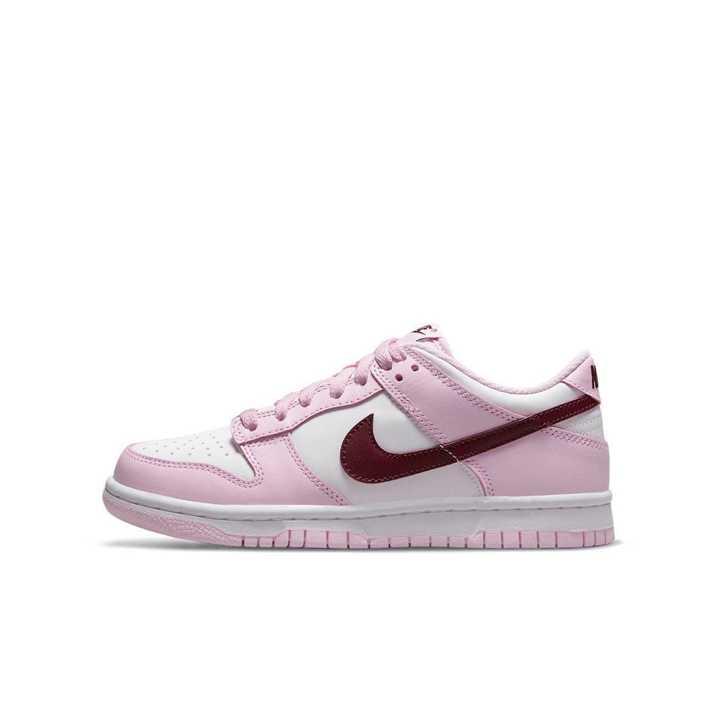 Nike Dunk Low Pink Foam Red White sneakers featuring a white leather base with pink overlays and a Deep Red Swoosh.