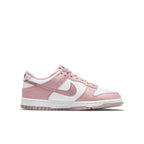 Nike Dunk Low Pink Velvet (GS) in white and pink leather with shiny Swoosh and soft pink velvet detailing.