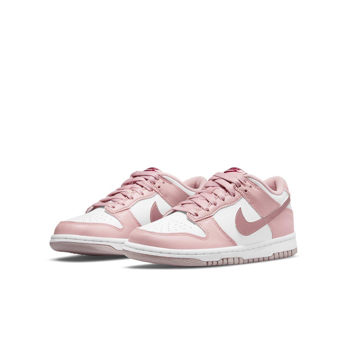 Nike Dunk Low Pink Velvet (GS) in white and pink leather with shiny Swooshes and soft pink velvet heel detailing.