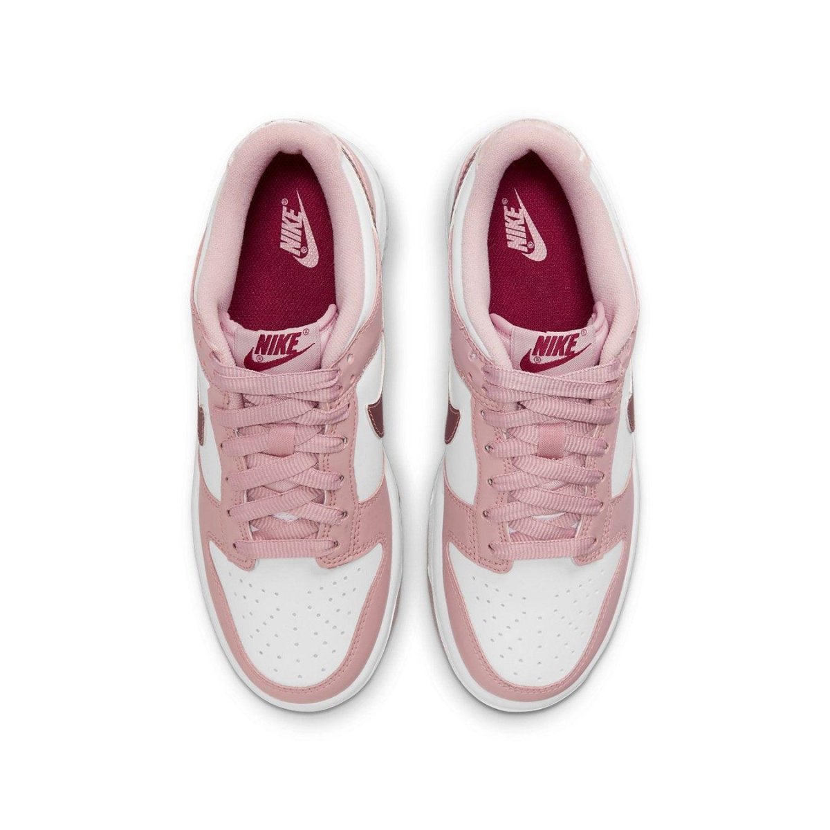 Nike Dunk Low Pink Velvet GS featuring white leather base and pink overlays, showcasing soft pink velvet details.