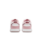 Nike Dunk Low Pink Velvet (GS) back view showcasing pink and white leather design with glossy Swoosh.