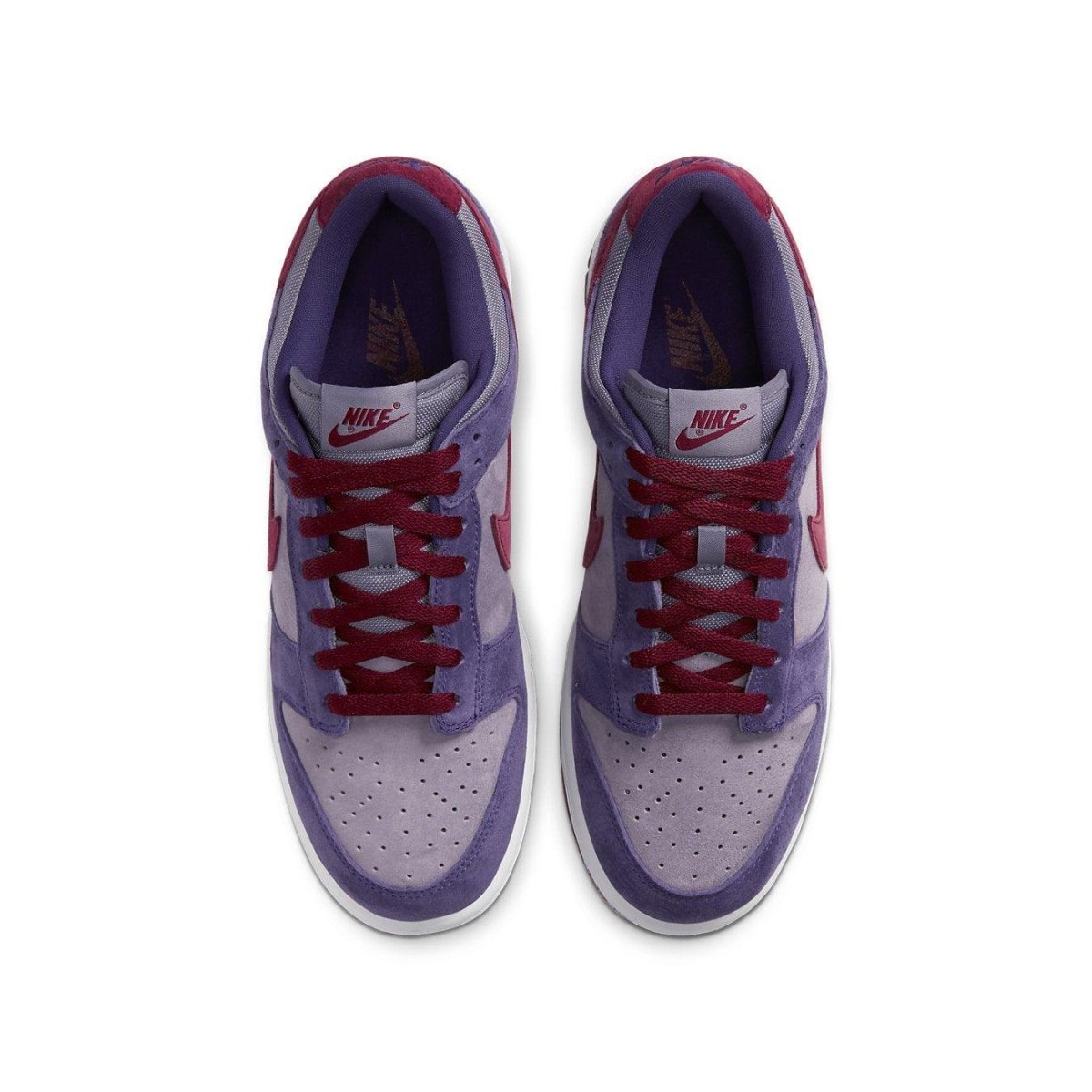 Nike Dunk Low Plum 2020 sneakers, featuring a unique purple and red colorway, top view.