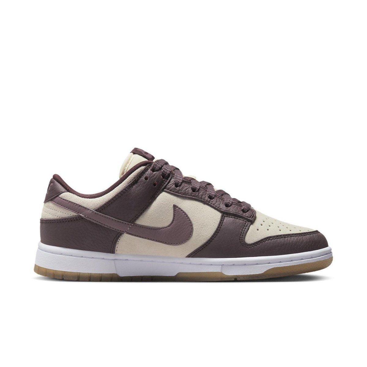Nike Dunk Low Plum Coconut Milk women's sneakers in beige and plum with breathable perforations and tonal Swoosh.