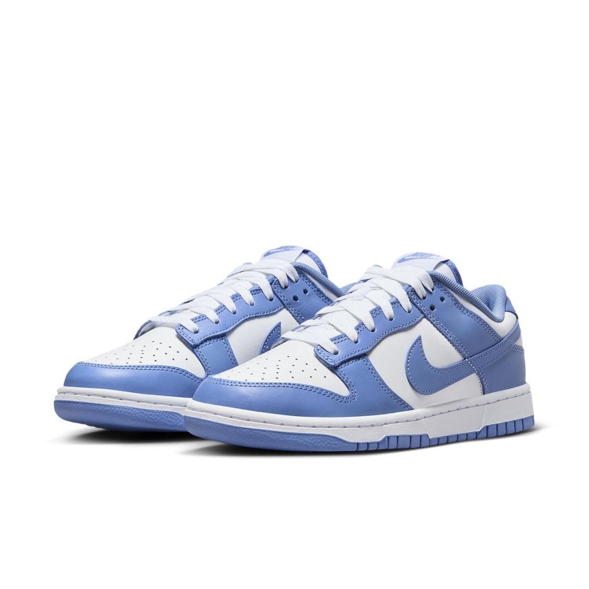 Nike Dunk Low Polar Blue sneakers featuring white and polar blue leather design with a classic silhouette.
