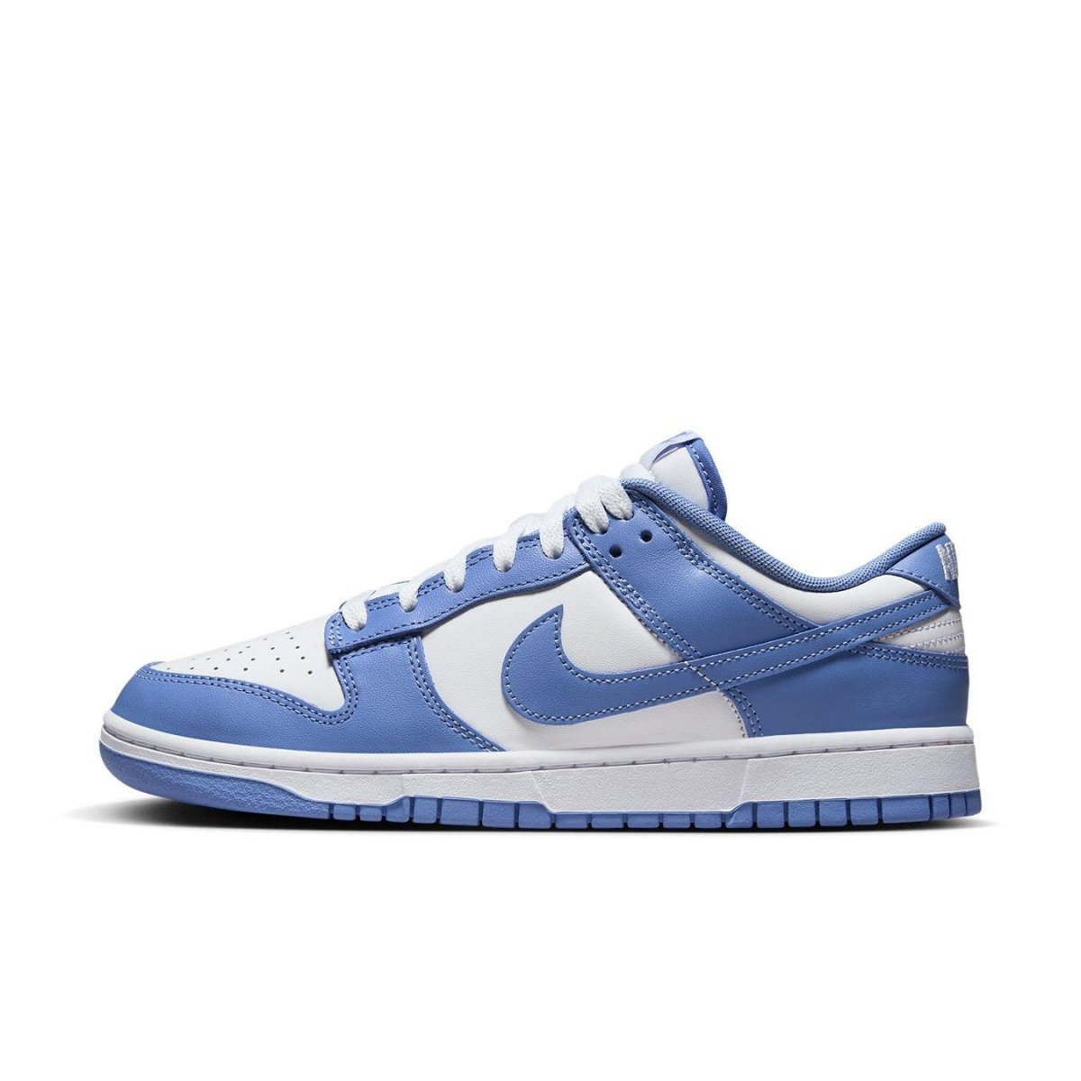 Nike Dunk Low Polar Blue in white and steel blue colorway with classic design and breathable nylon tongue.