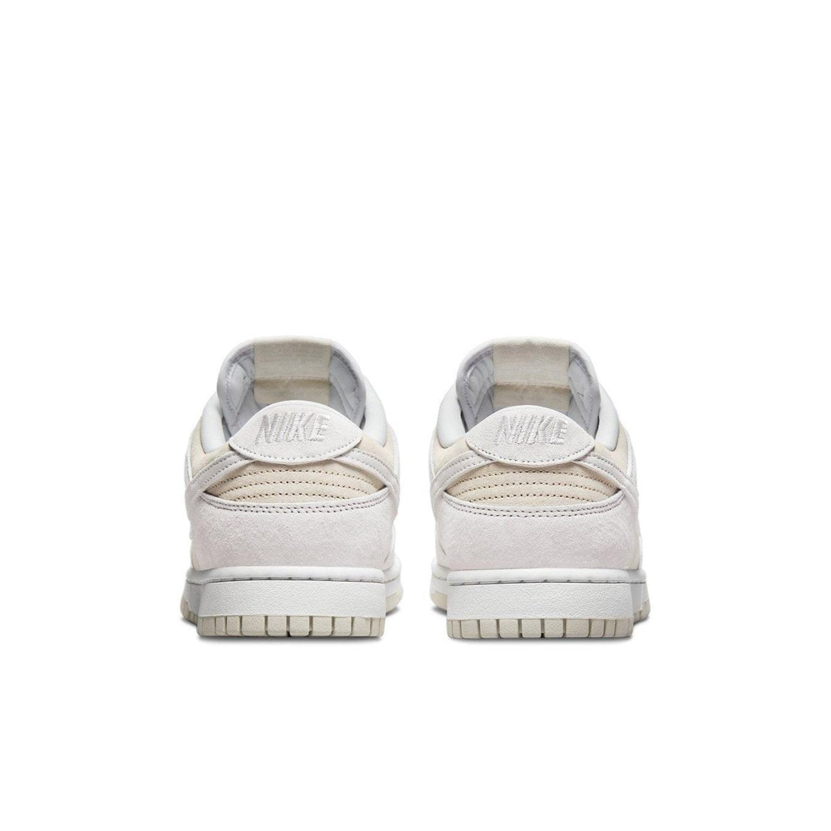 Nike Dunk Low Premium Vast Grey rear view showcasing beige and grey suede design with Nike logo.