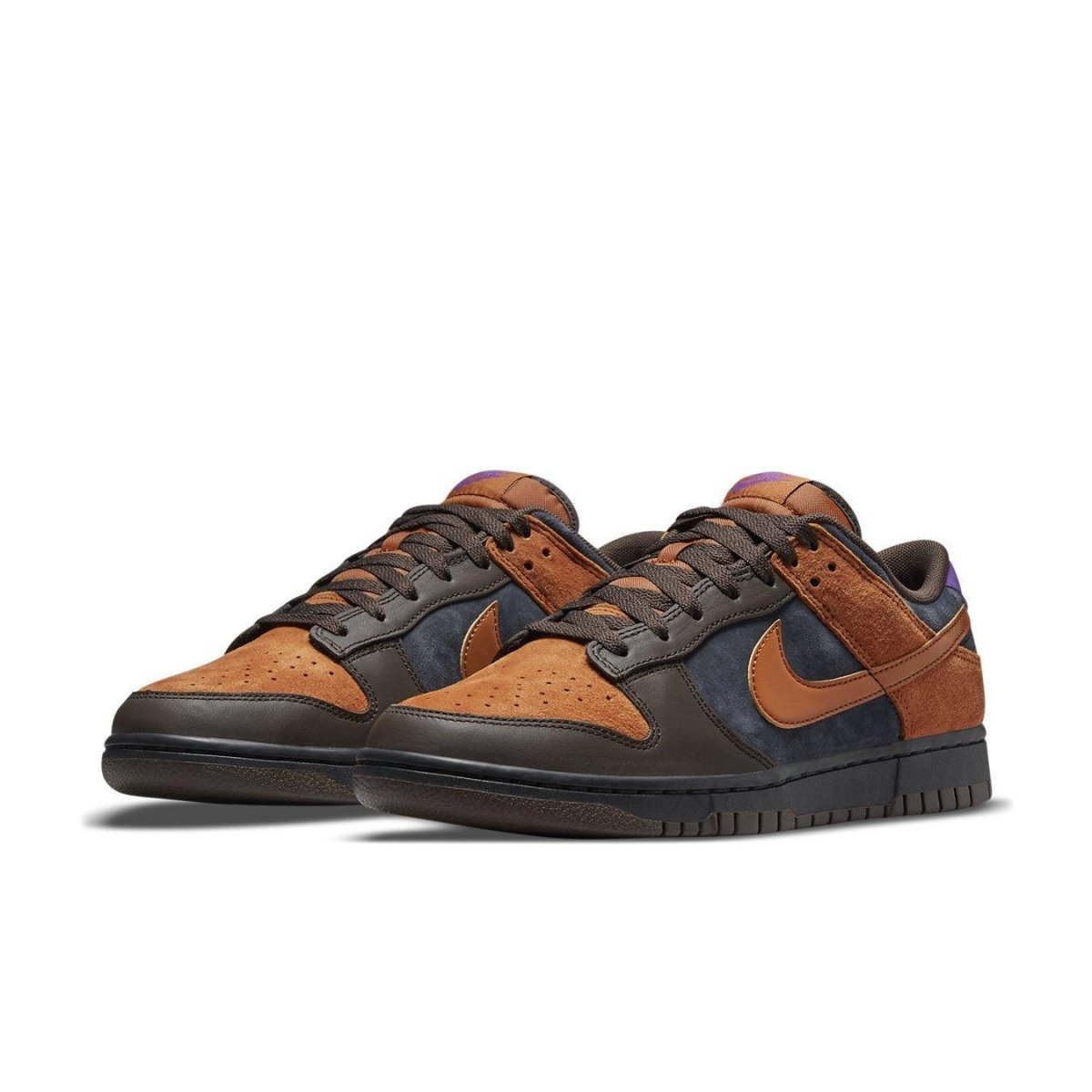Nike Dunk Low PRM Cider sneaker featuring burnt orange suede and brown leather accents.