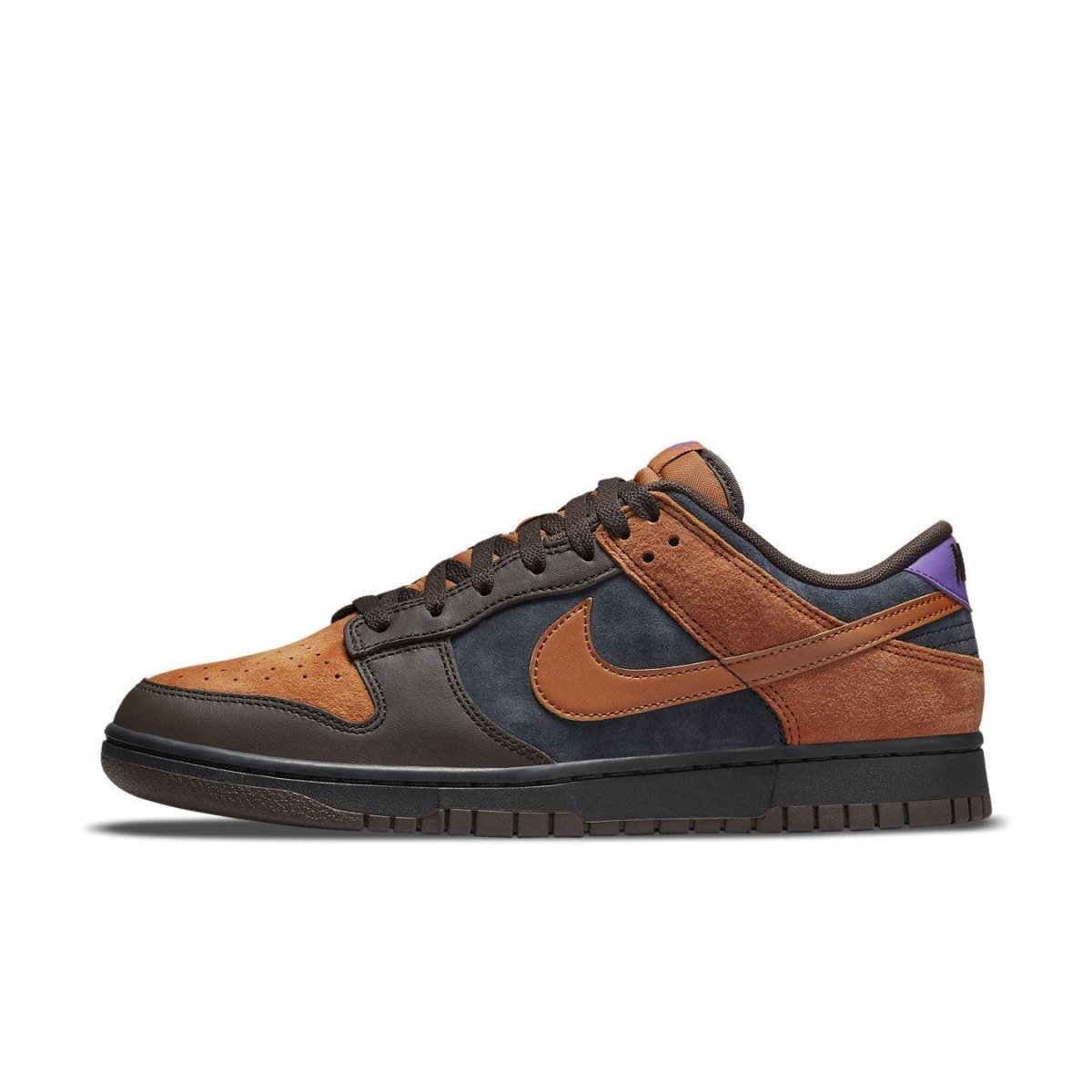 Nike Dunk Low PRM Cider sneaker featuring orange suede and brown leather accents.
