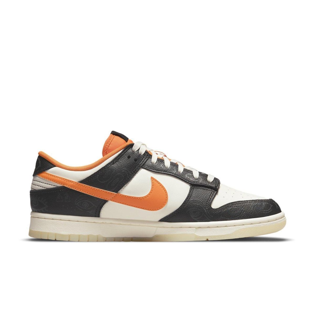 Nike Dunk Low PRM Halloween 2021 sneaker with black and white leather, orange Swoosh, and vibrant design.