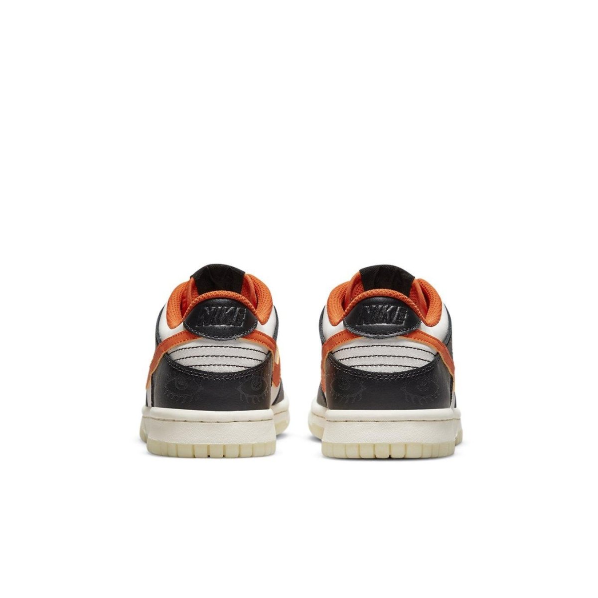 Nike Dunk Low PRM Halloween GS shoes rear view with orange, black, and white colorway.