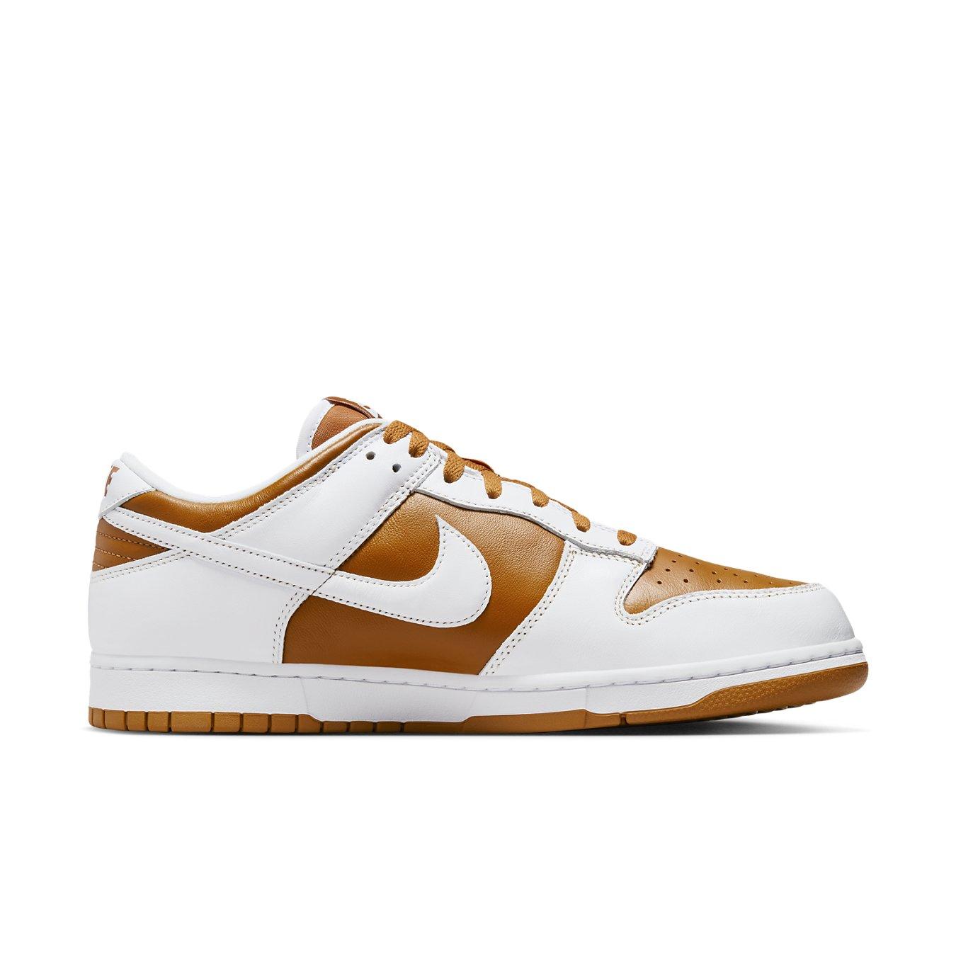 Nike Dunk Low QS CO.JP Reverse Curry 2024 in brown and white leather, featuring classic design elements.