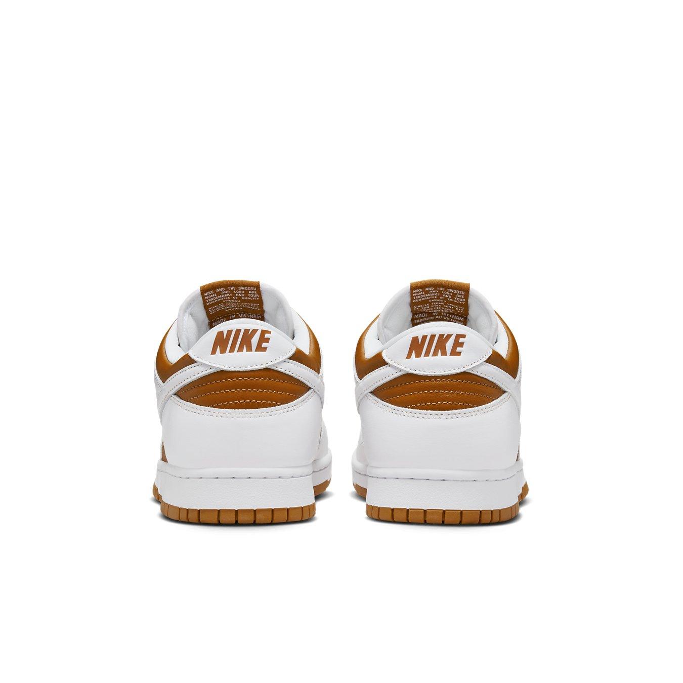Nike Dunk Low QS CO.JP Reverse Curry 2024 sneakers rear view featuring brown and white colorway.