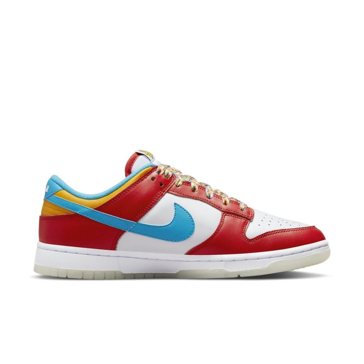 Nike Dunk Low QS LeBron James Fruity Pebbles sneakers in red, white, and blue with multicolored laces.