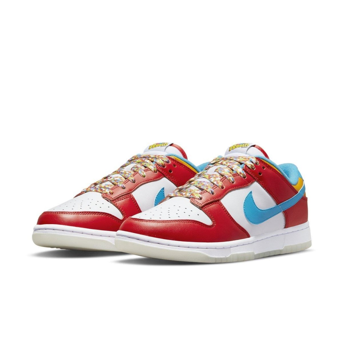 Nike Dunk Low QS LeBron James Fruity Pebbles in red, white, and blue colorway with colorful laces and logo details.