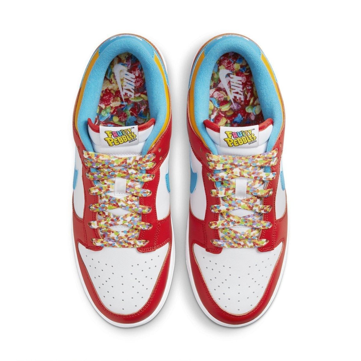 Nike Dunk Low LeBron James Fruity Pebbles with colorful laces, red and white upper, and vibrant cereal-themed insole.