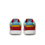 Nike Dunk Low LeBron James Fruity Pebbles sneakers, showcasing colorful back view with red, yellow, and blue accents.