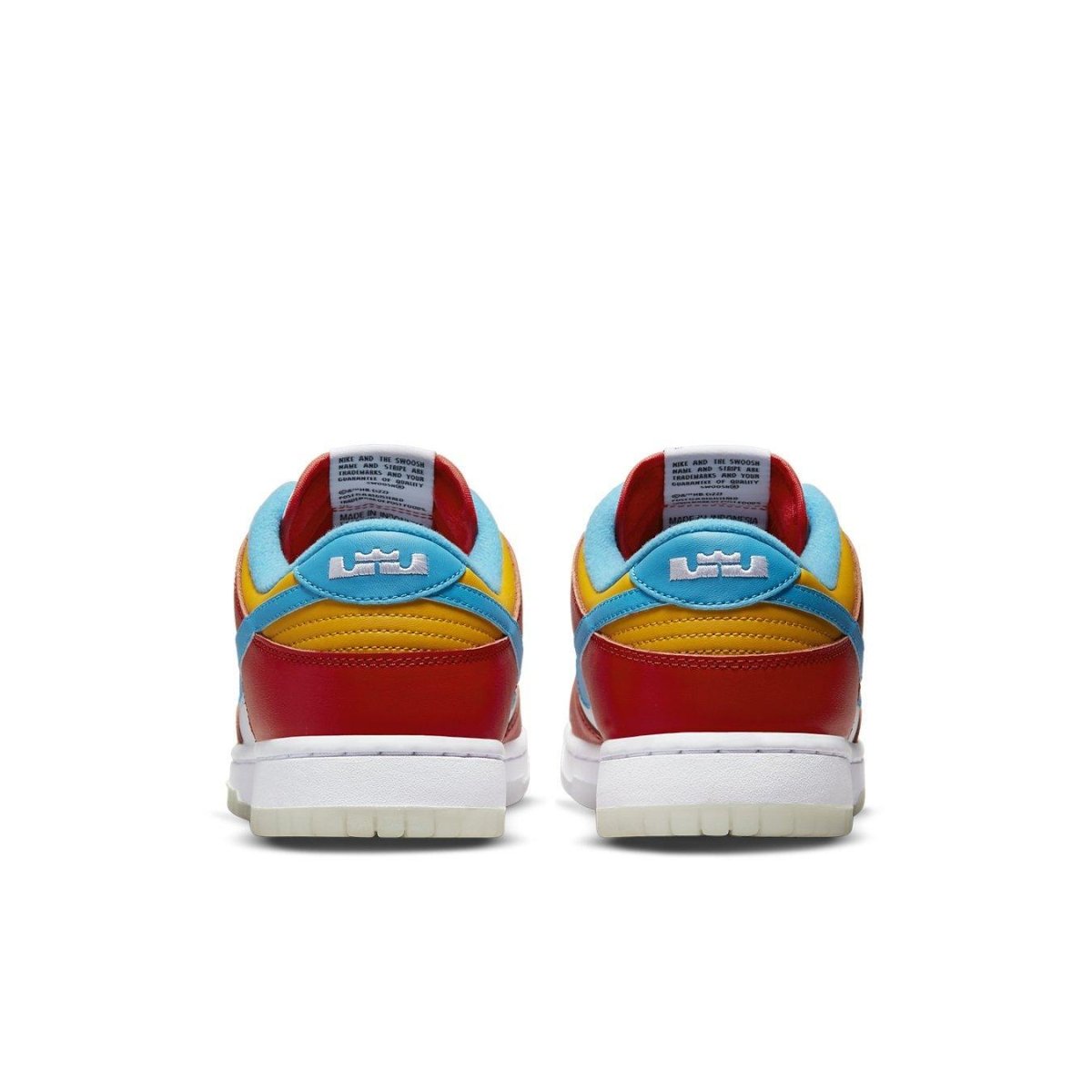 Nike Dunk Low LeBron James Fruity Pebbles sneakers, showcasing colorful back view with red, yellow, and blue accents.