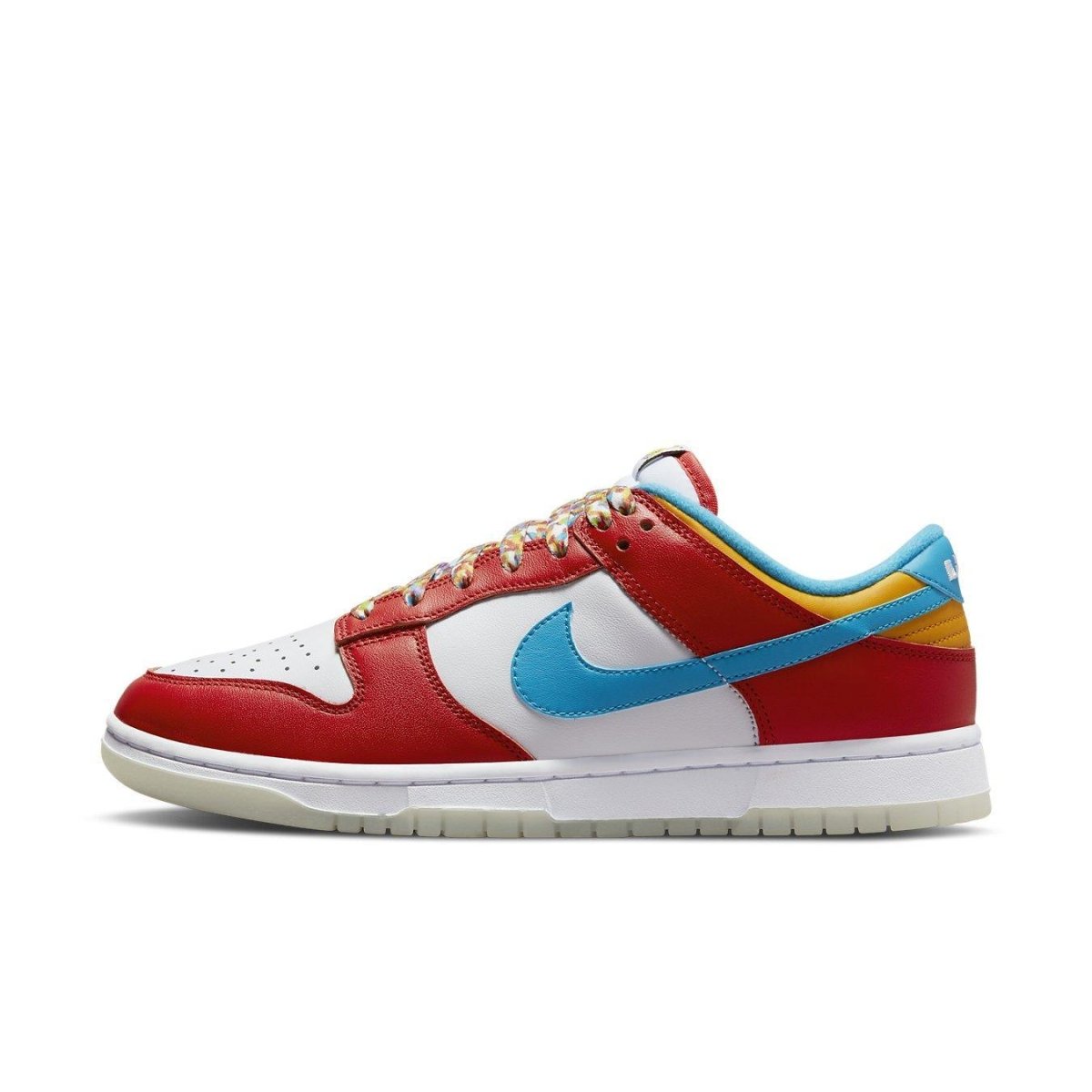 Nike Dunk Low QS LeBron James Fruity Pebbles in red, white, and blue with multicolored laces and Fruity Pebbles label.