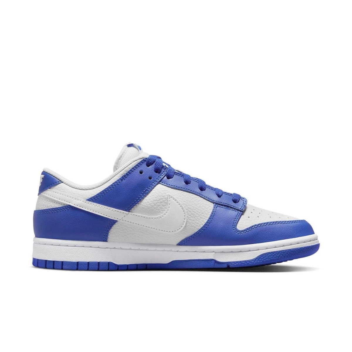 Nike Dunk Low Racer Blue Photon Dust sneaker in blue and white leather with perforated toe for ventilation.