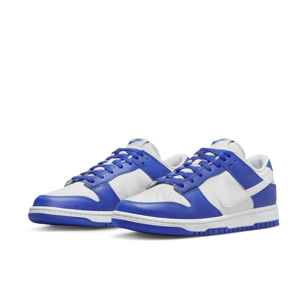 Nike Dunk Low Racer Blue Photon Dust sneakers in blue and white leather design.
