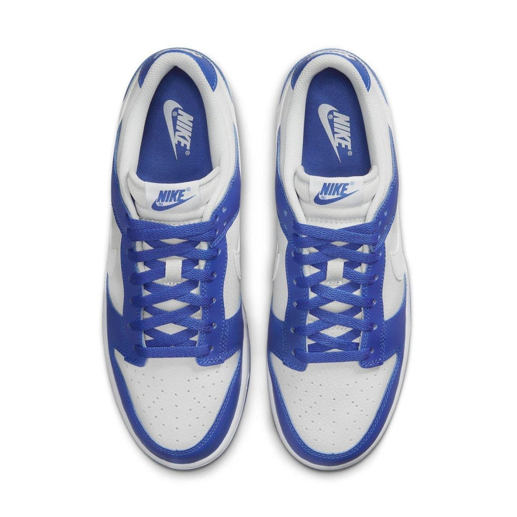Nike Dunk Low Racer Blue and Photon Dust top view showcasing premium leather and perforated toe for ventilation.