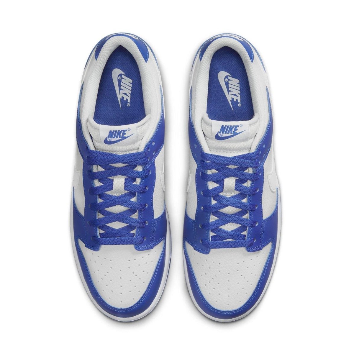 Nike Dunk Low Racer Blue and Photon Dust top view showcasing premium leather and perforated toe for ventilation.