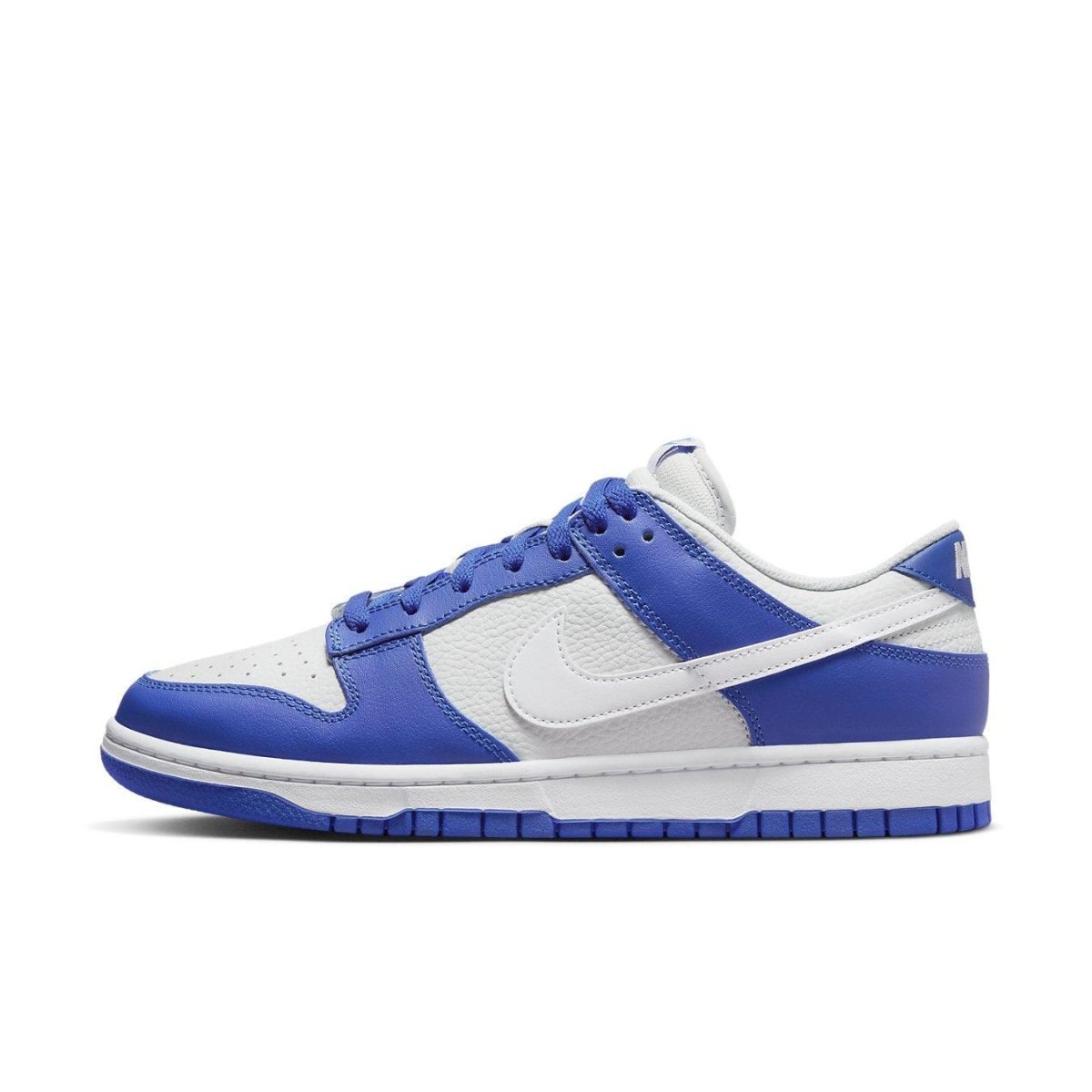 Nike Dunk Low Racer Blue Photon Dust sneaker in blue and white with perforated toe for ventilation.