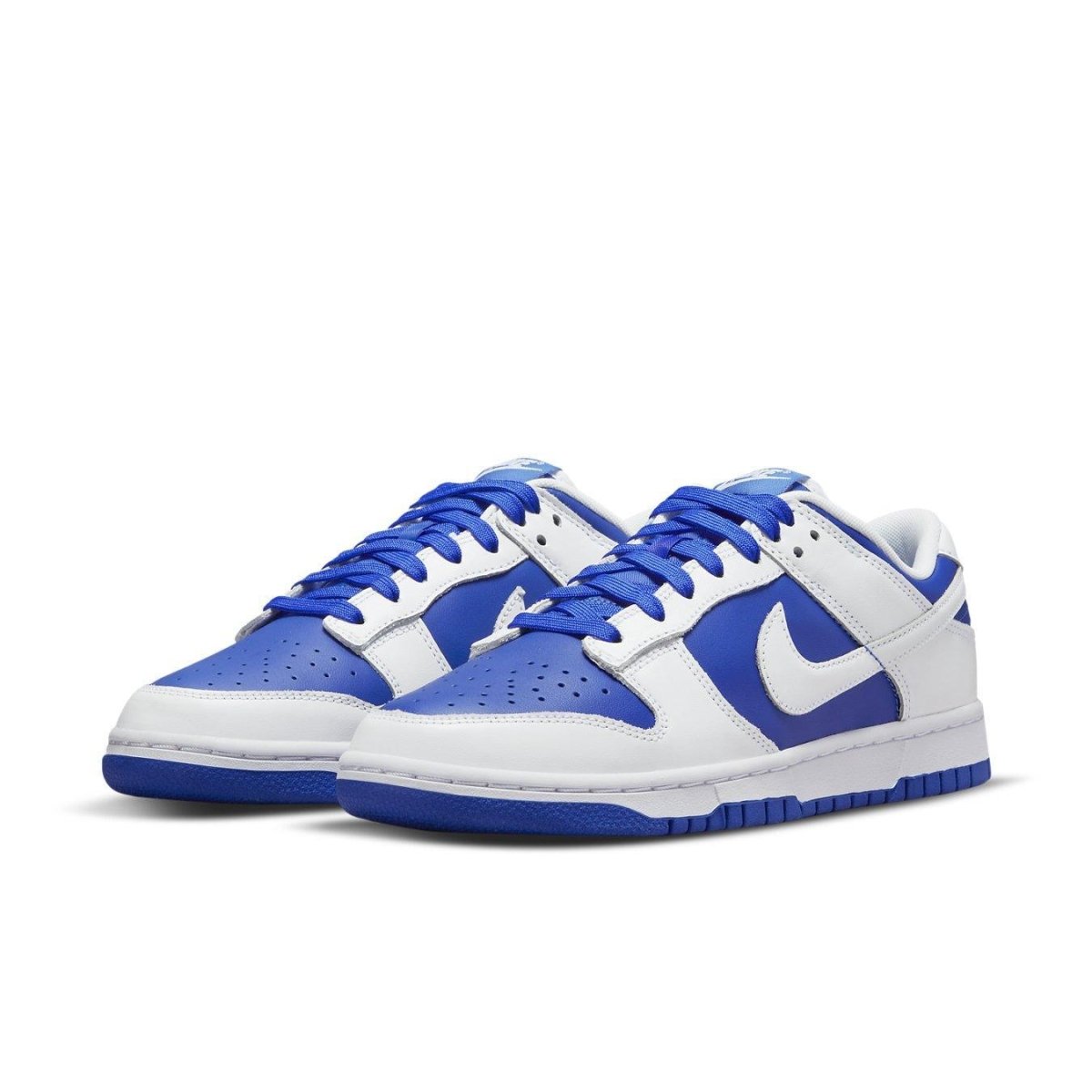 Nike Dunk Low Racer Blue White sneakers featuring blue leather base and white Swoosh detailing.
