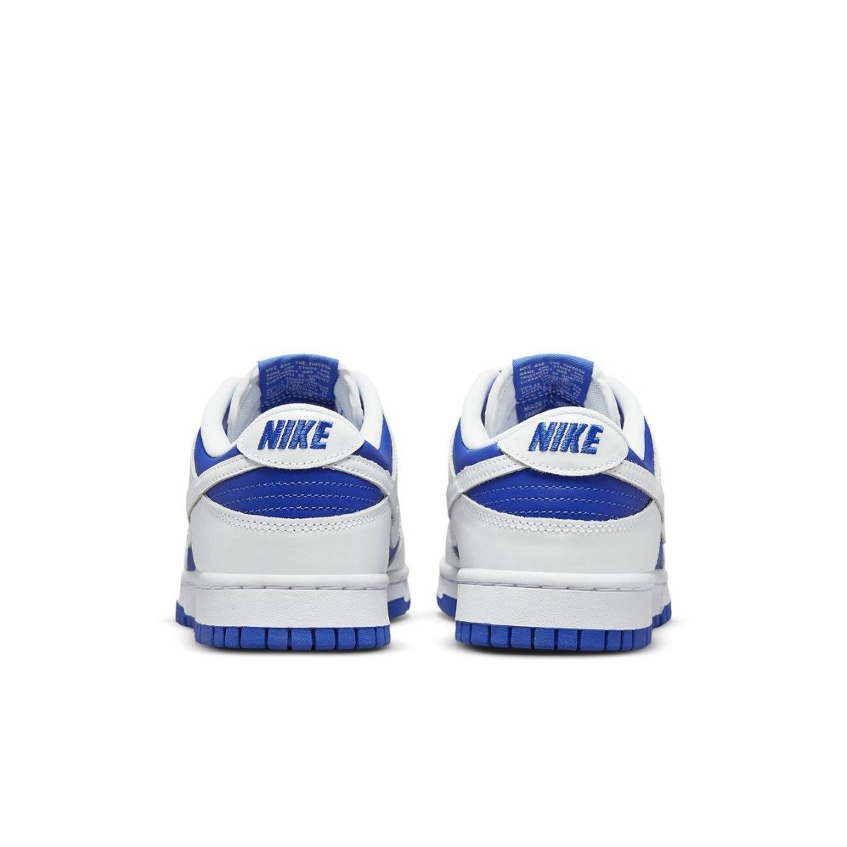 Nike Dunk Low Racer Blue White rear view showcasing blue and white colorway and Nike branding on the heel.