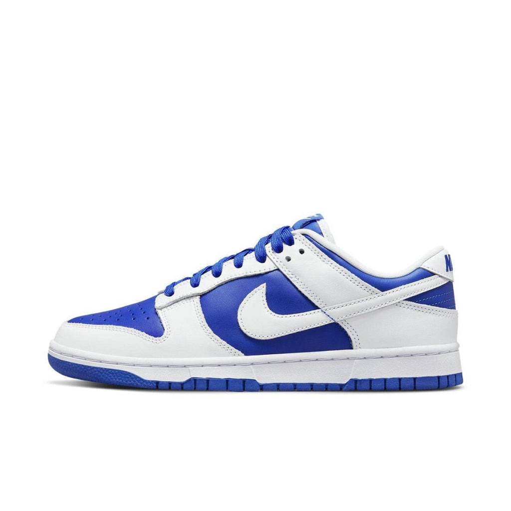 Nike Dunk Low Racer Blue White sneaker with blue leather base and white overlays