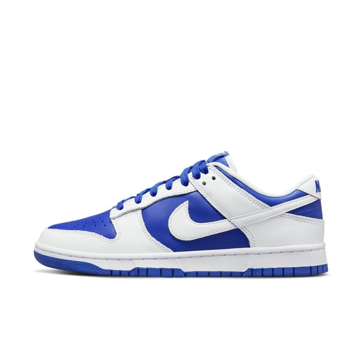 Nike Dunk Low Racer Blue White sneaker with blue leather base and white overlays