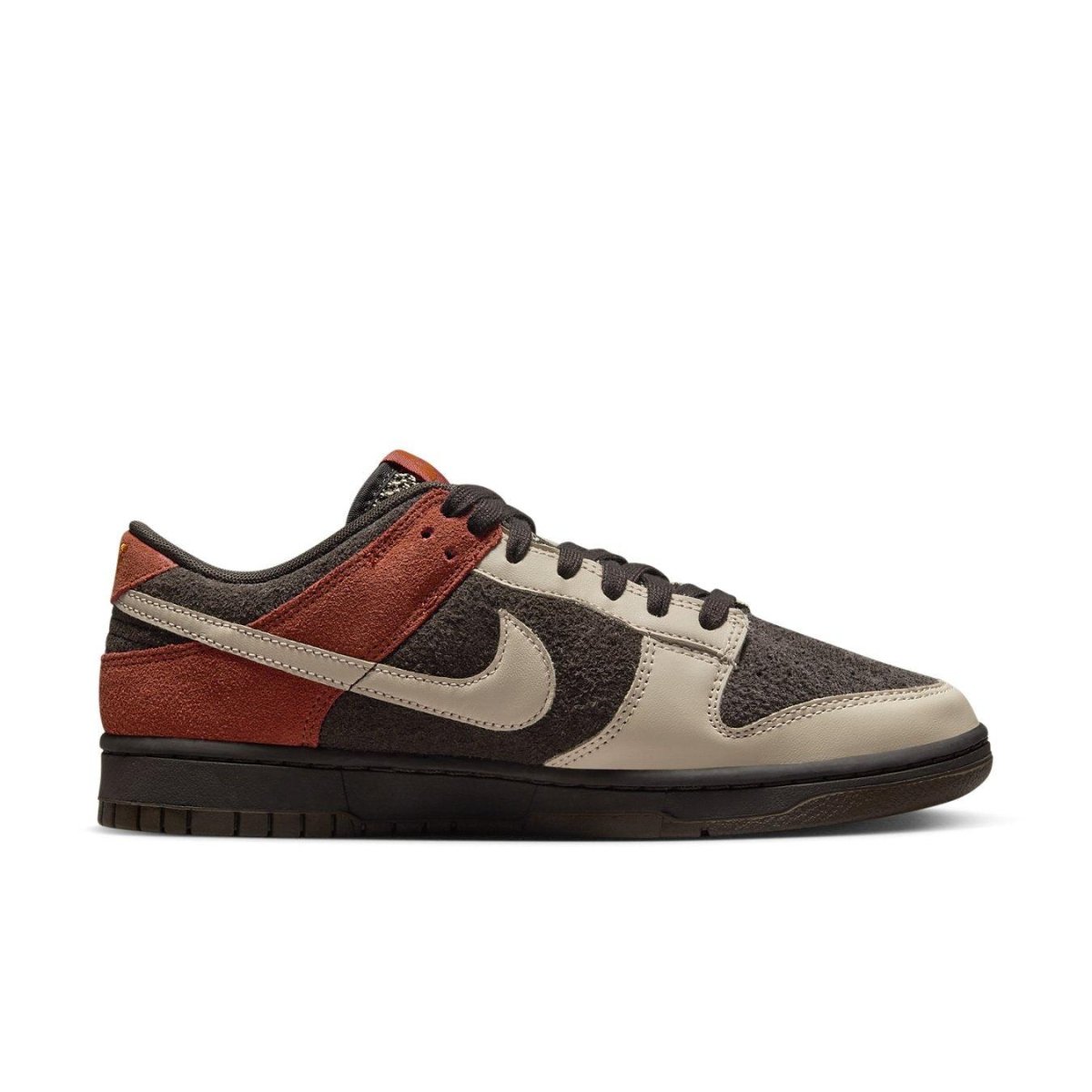 Nike Dunk Low Red Panda sneakers in Velvet Brown, Sand Drift, and Rugged Orange colorway.
