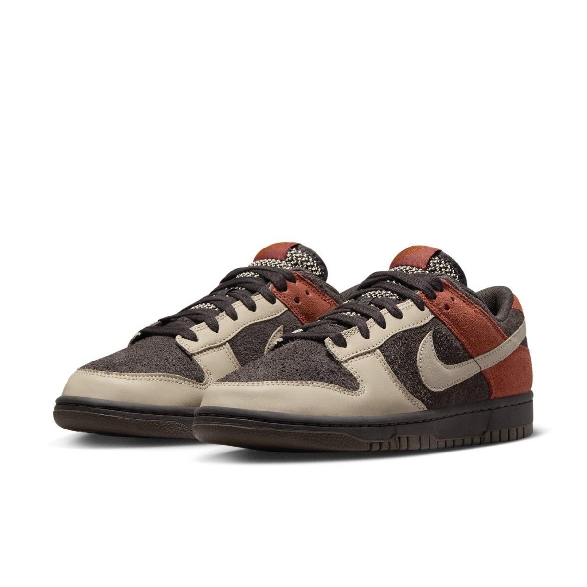 Nike Dunk Low Red Panda sneakers in Velvet Brown, Sand Drift, and Rugged Orange colorway.
