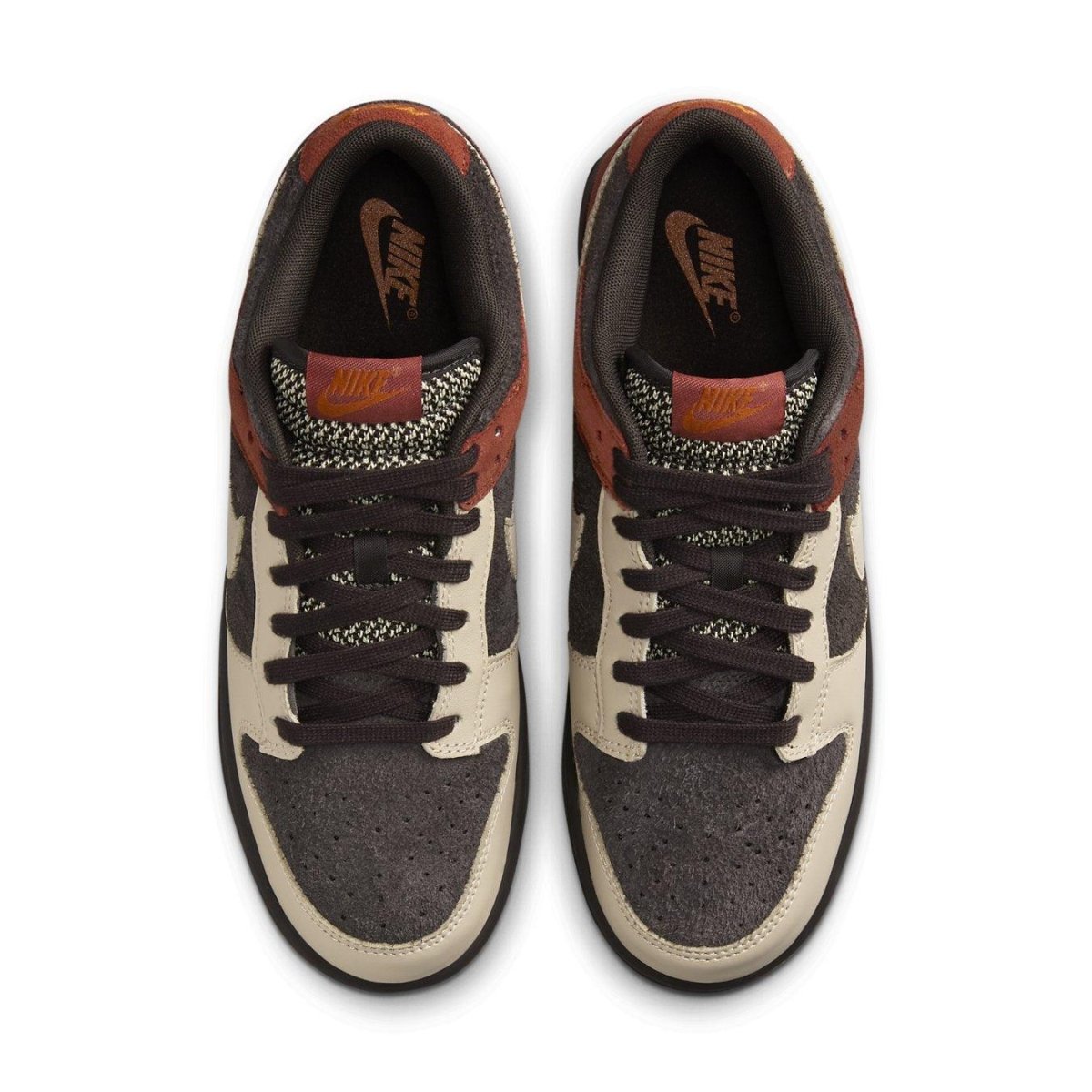 Nike Dunk Low Red Panda shoes featuring Velvet Brown and Sand Drift colorway.