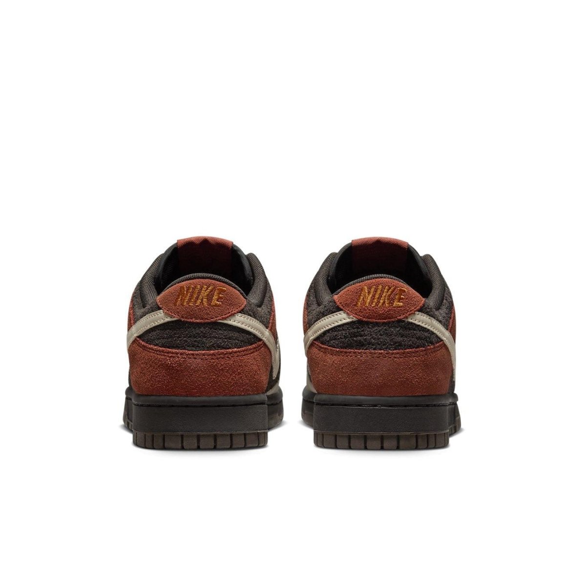 Nike Dunk Low Red Panda sneaker rear view showing the velvet brown and rugged orange design.