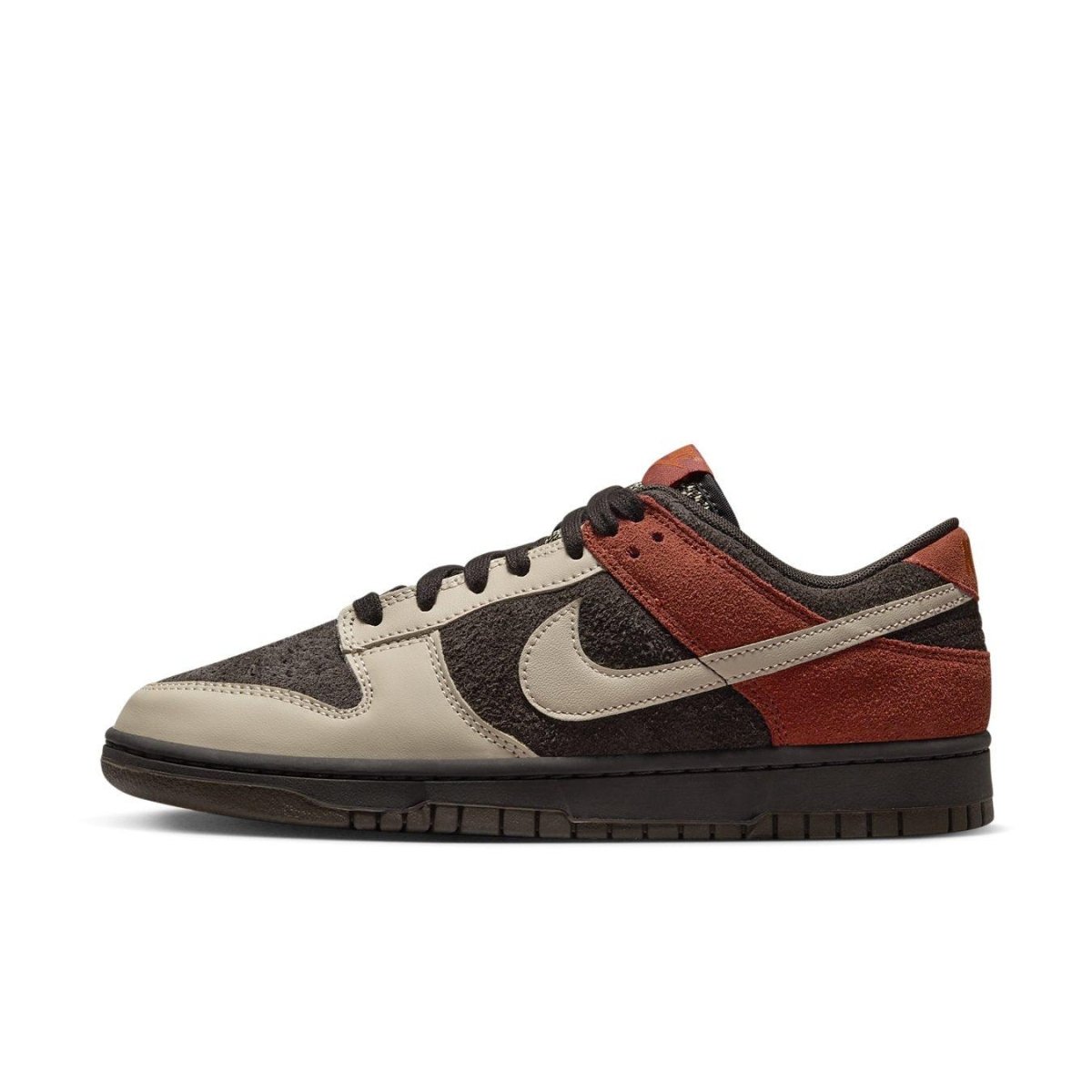 Nike Dunk Low Red Panda sneaker featuring Velvet Brown, Sand Drift, and Rugged Orange colorways.