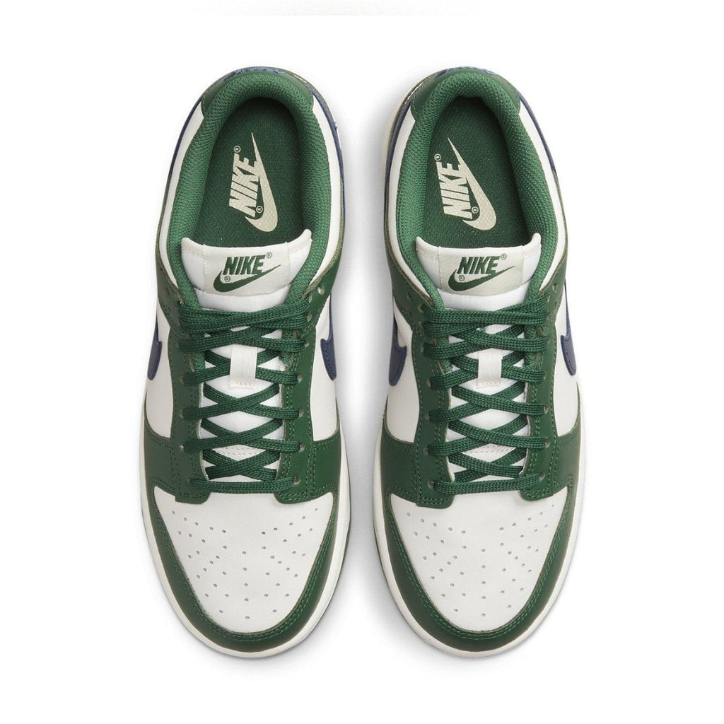 Nike Dunk Low Retro in Gorge Green and Midnight Navy, featuring a smooth white leather base, top view.