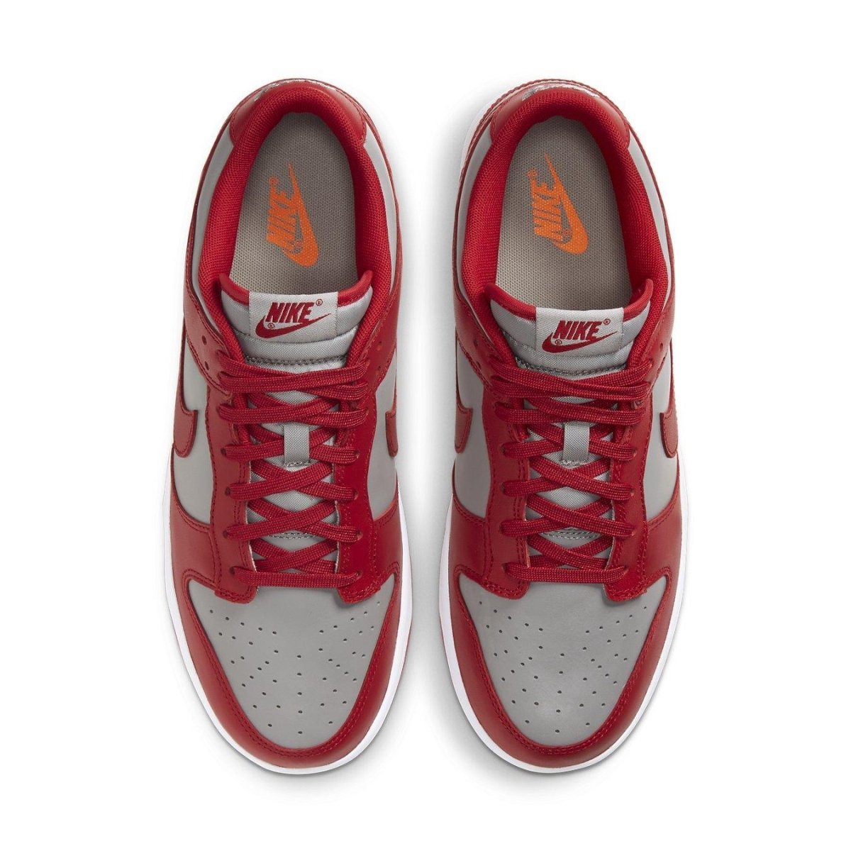 Nike Dunk Low Retro Medium Grey Varsity Red UNLV 2021 top view showing red and grey colorway design.
