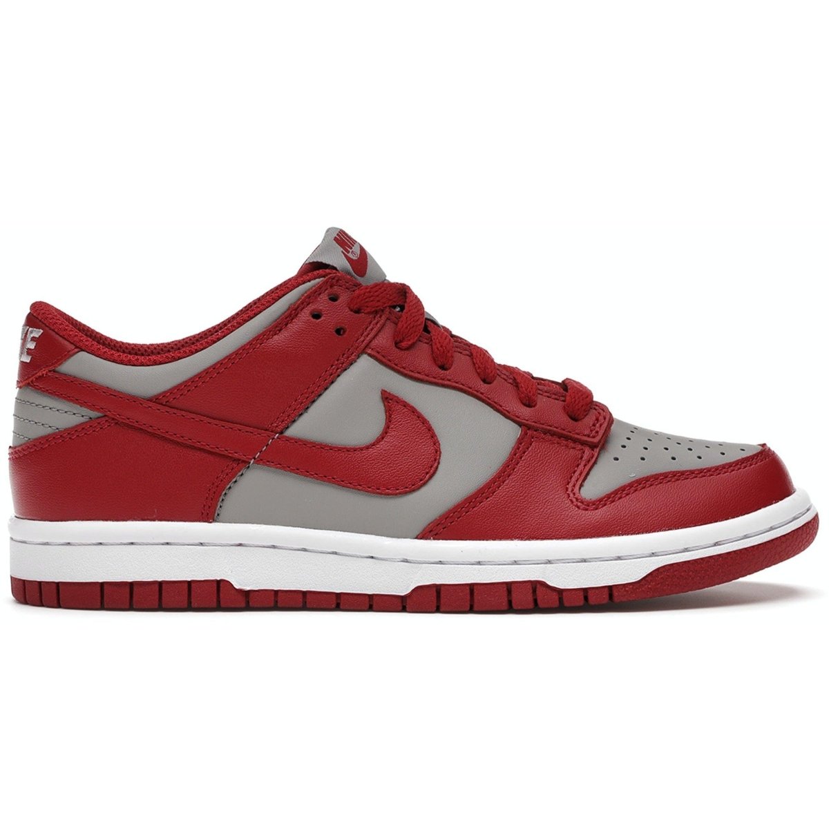Nike Dunk Low Retro Medium Grey Varsity Red sneakers, low-top style, featuring grey leather base and University Red accents.
