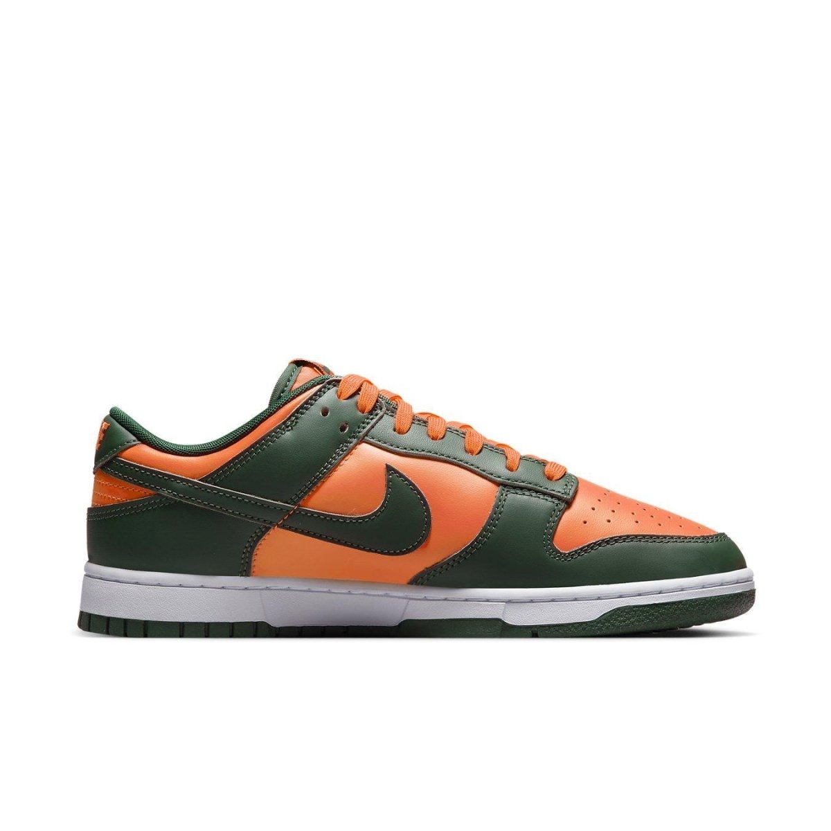 Nike Dunk Low Retro Miami Hurricanes sneakers in green and orange, featuring a leather upper and rubber outsole.